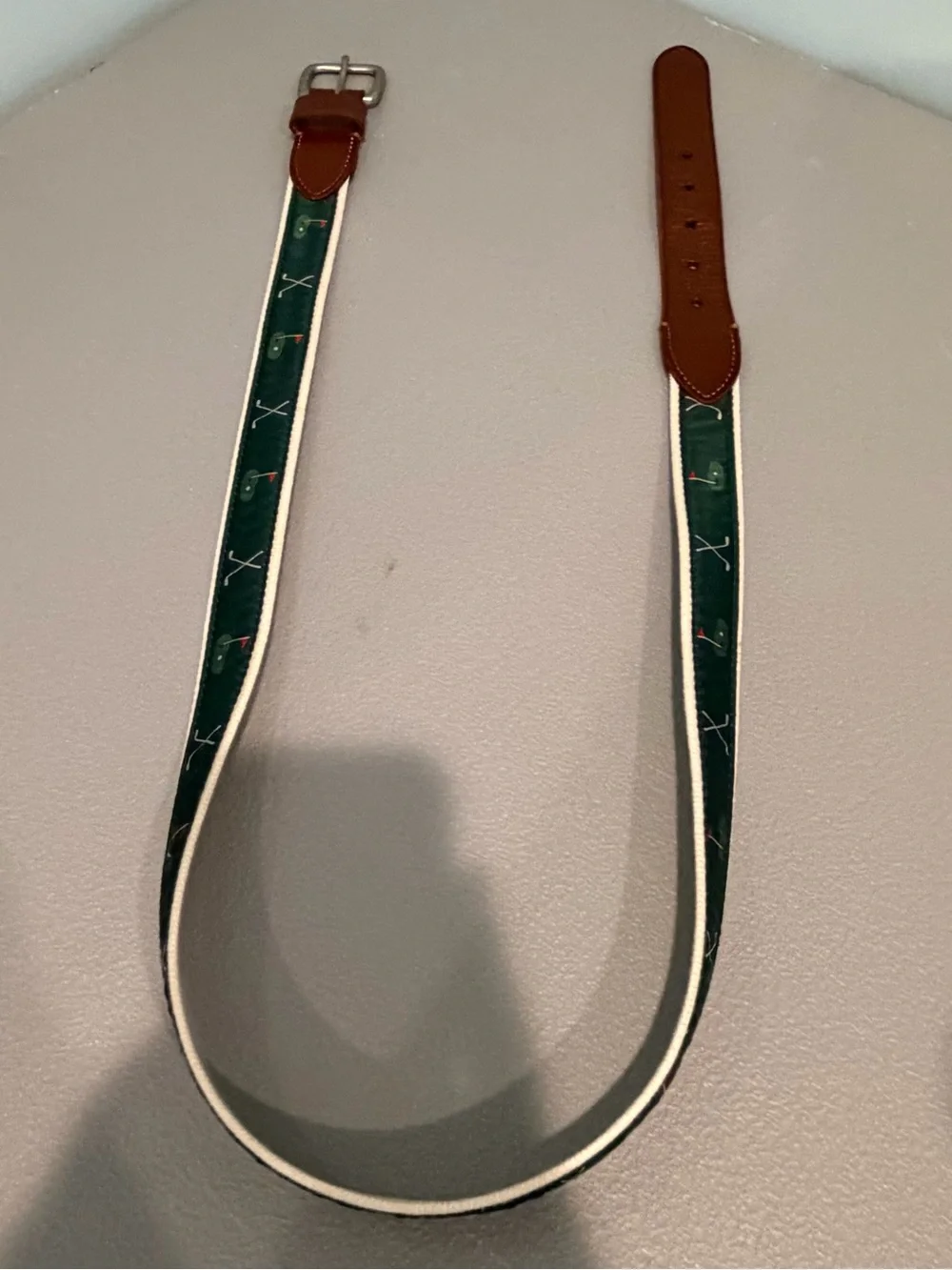 J.CREW Men's Golf Themed Belt Cotton & Leather Sz 40 Green Brown Leather/Cotton